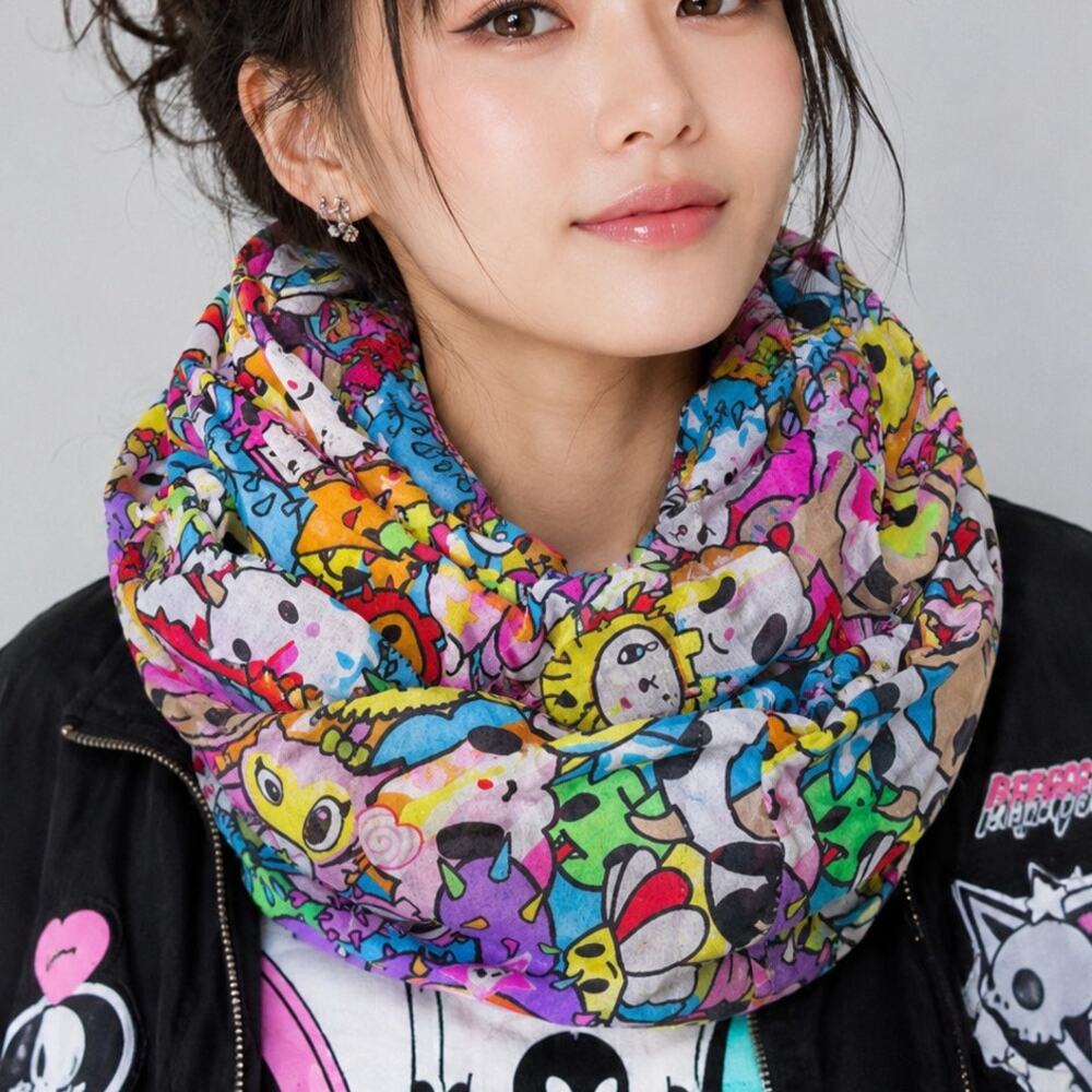 Tokidoki Neon Star Kawaii Character Print Infinity Scarf Multi-Color NWT